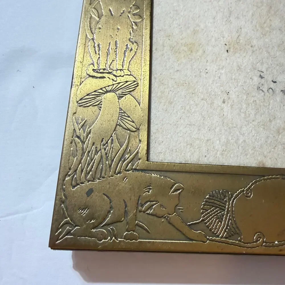 Vintage M.W. Carr Brass Cat Picture Frame 5x6 Embossed Mushroom Hummingbird Fish